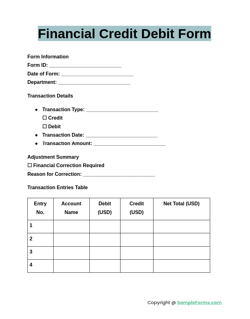 financial credit debit form