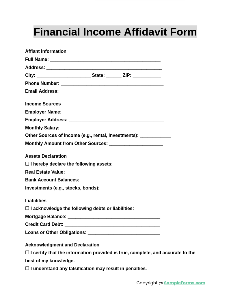 financial income affidavit form