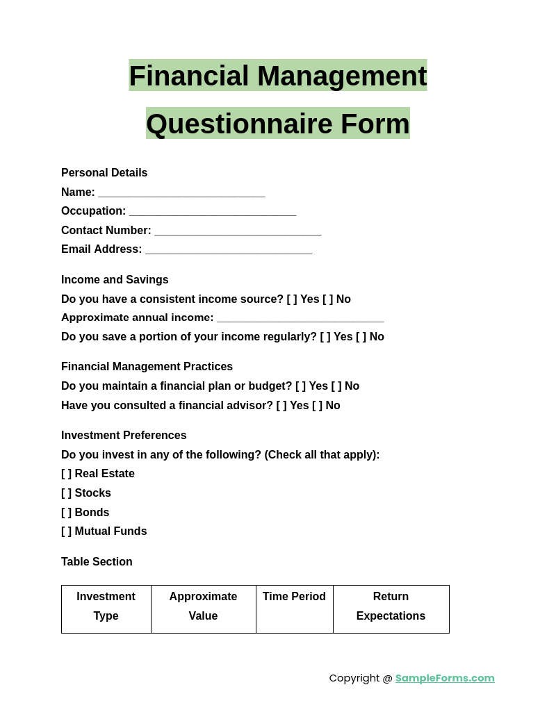 financial management questionnaire form