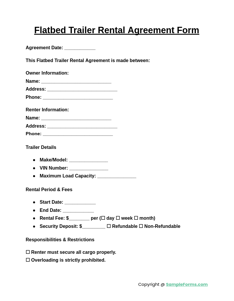 flatbed trailer rental agreement form