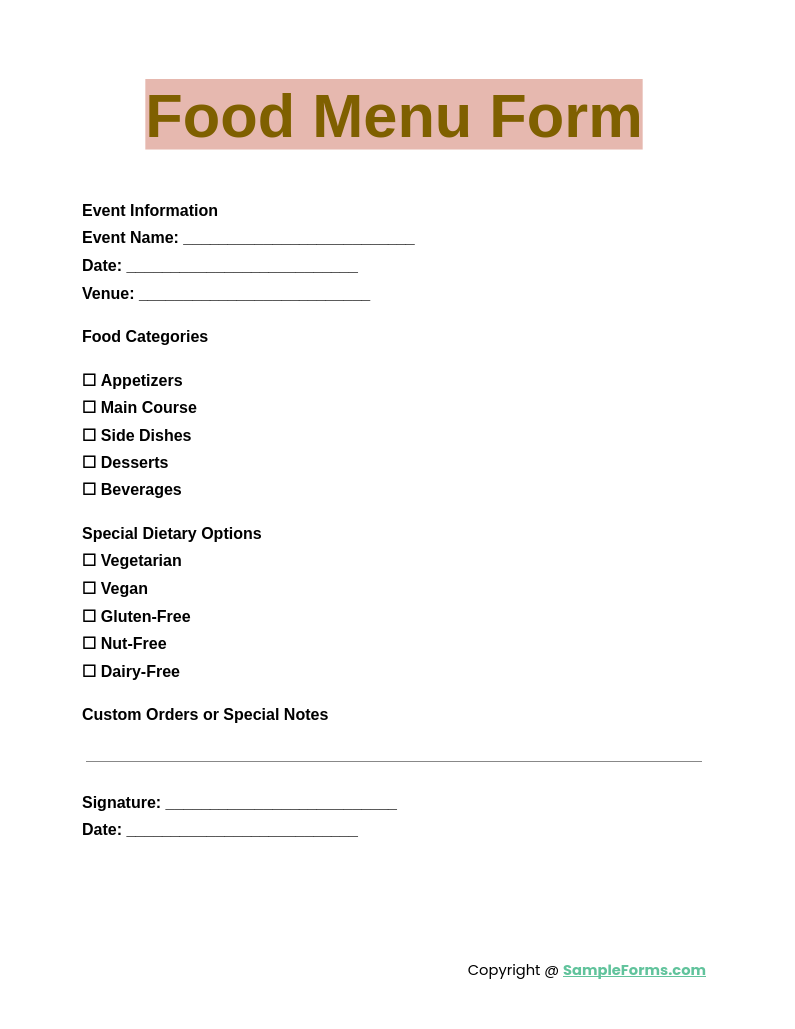 food menu form