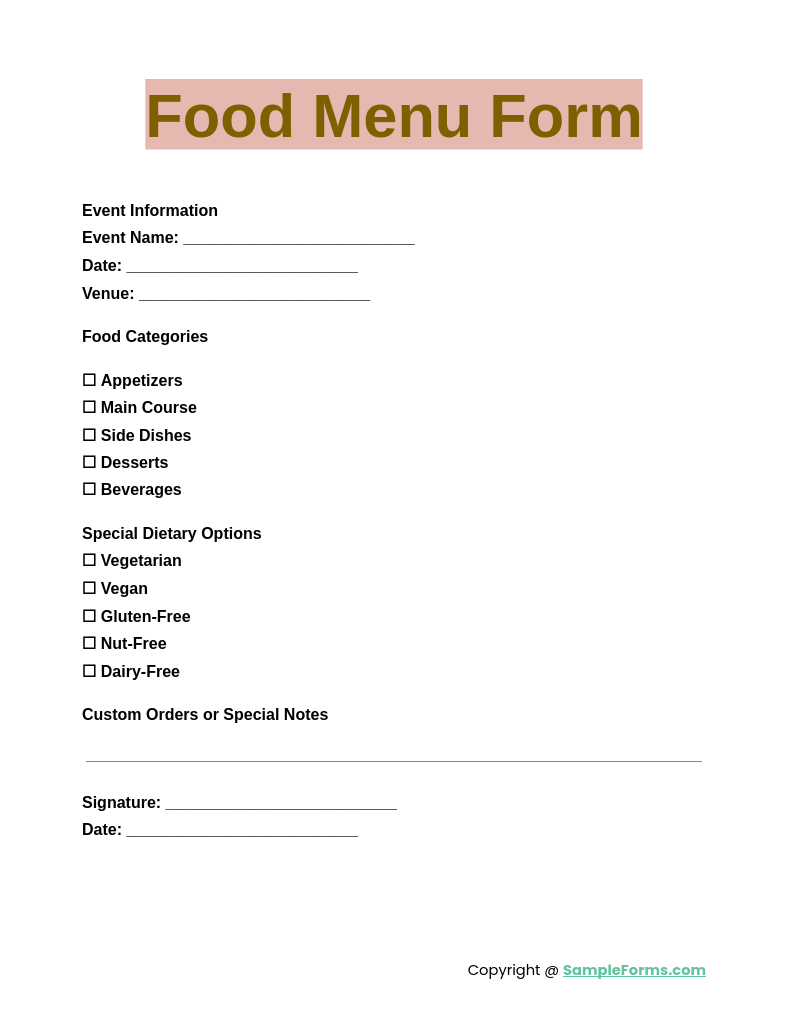 FREE 22+ Menu Form Samples, PDF, MS Word, Google Docs