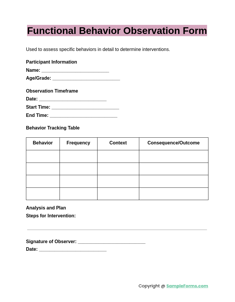 functional behavior observation form