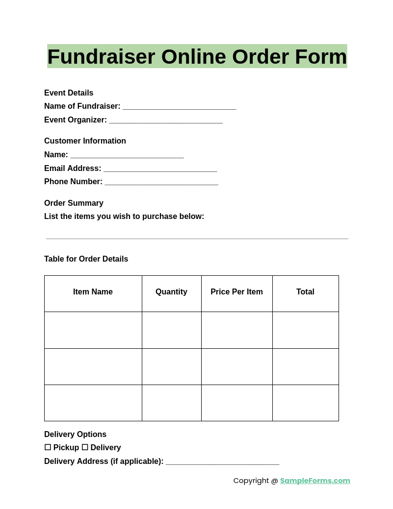 fundraiser online order form