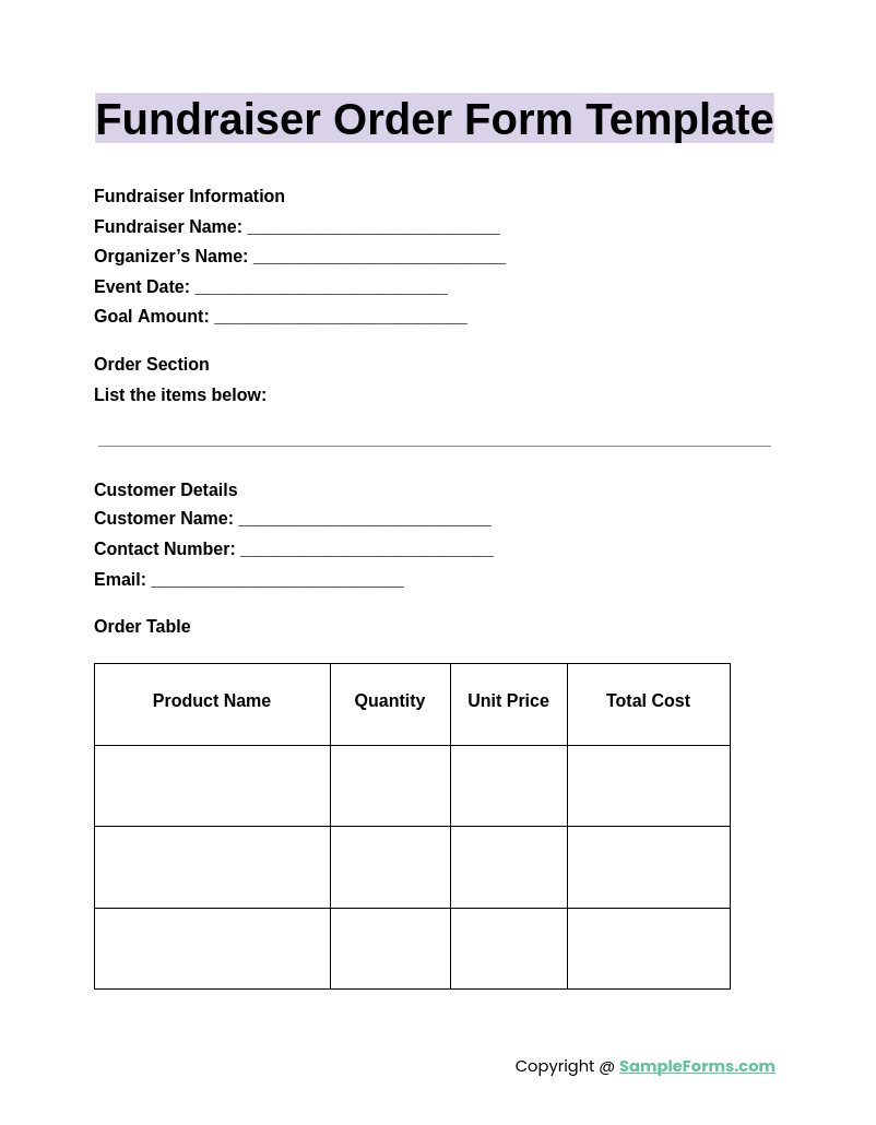 fundraiser order form template