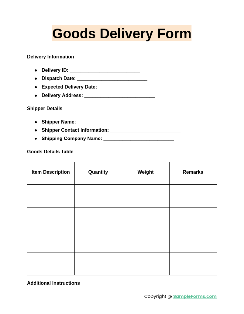 goods delivery form