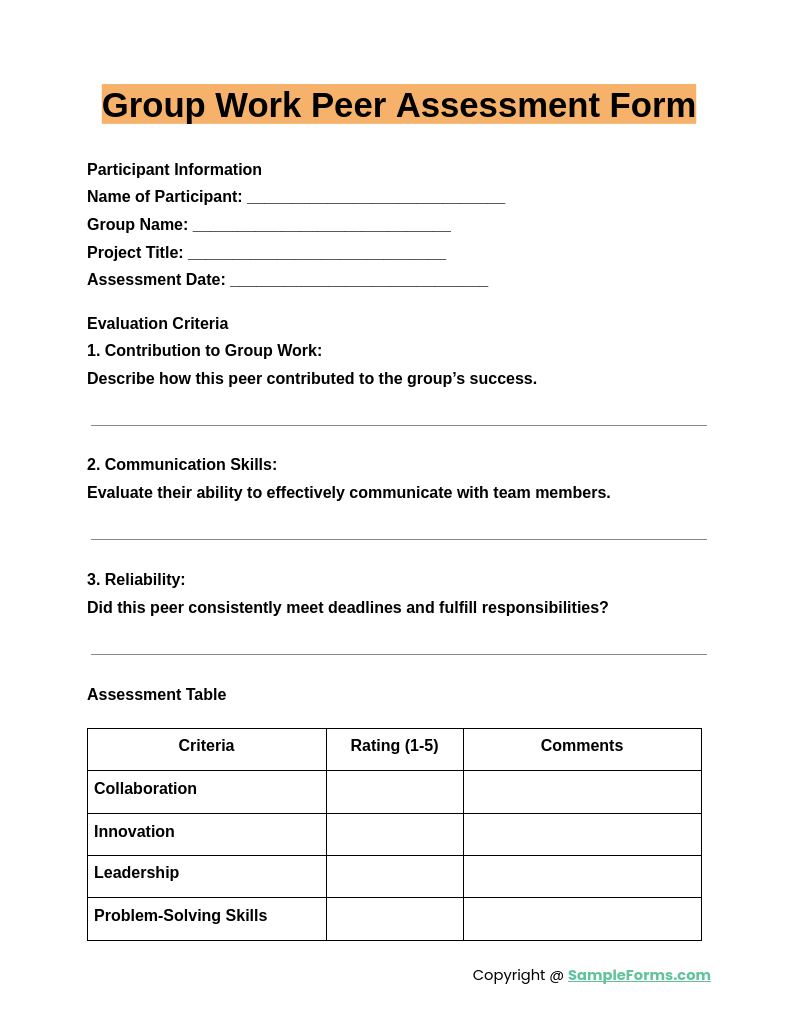 group work peer assessment form