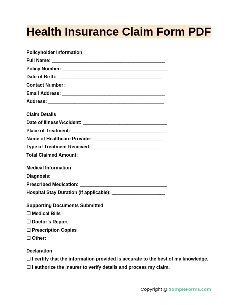 health insurance claim form pdf