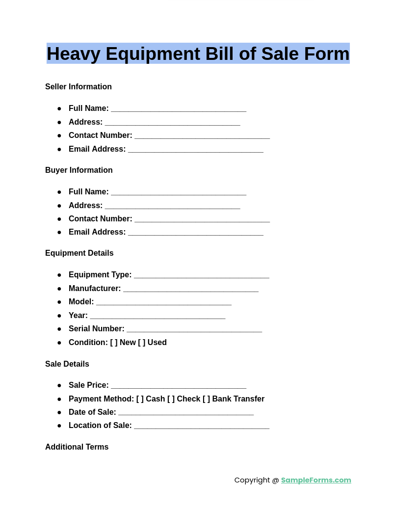 heavy equipment bill of sale form