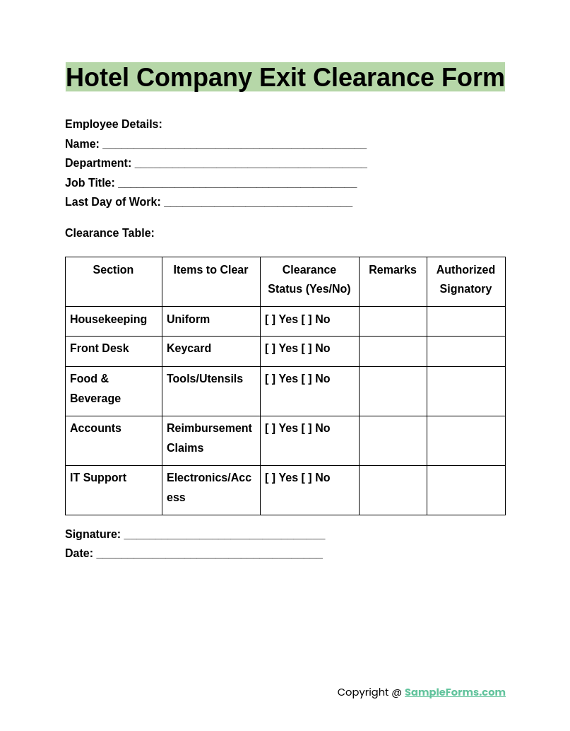 hotel company exit clearance form