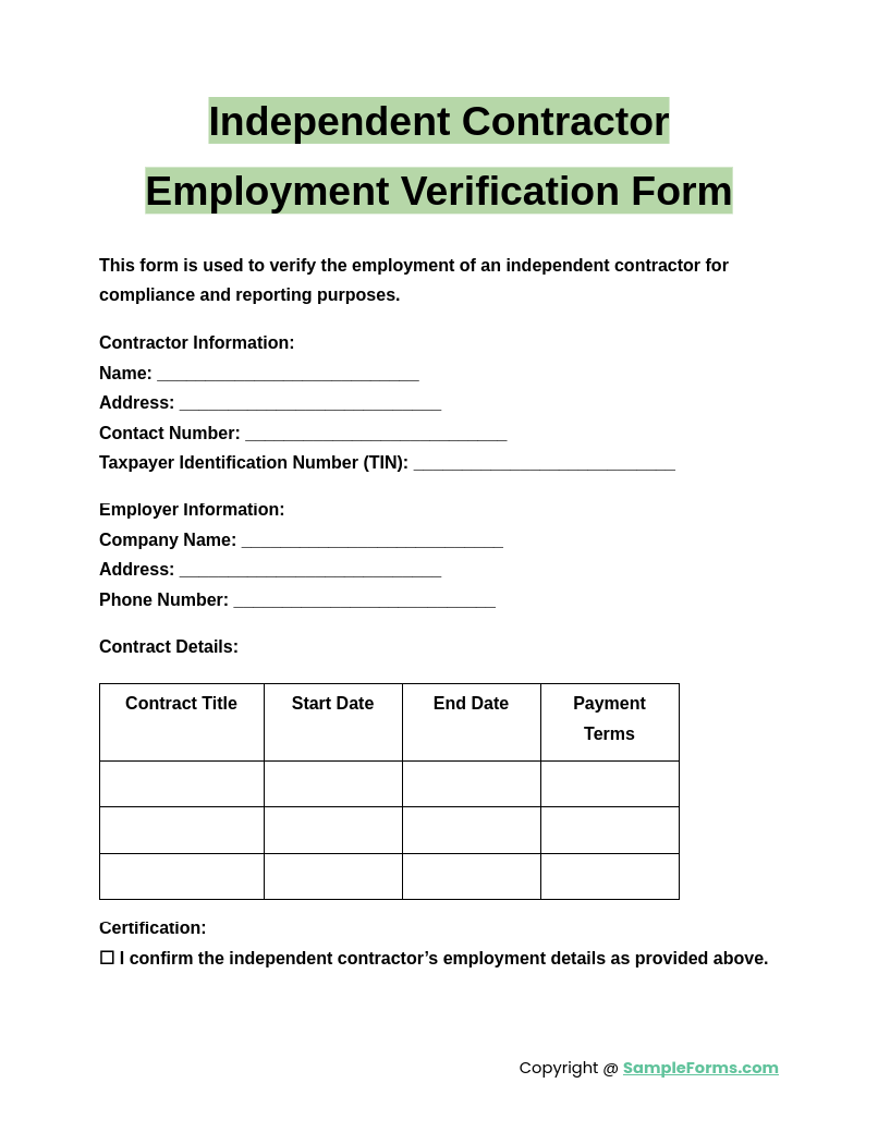 independent contractor employment verification form