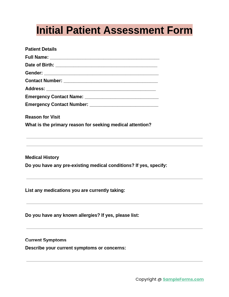 initial patient assessment form