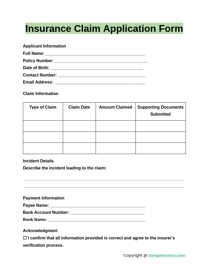 insurance claim application form