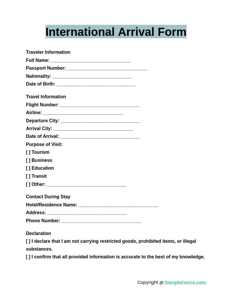 international arrival form