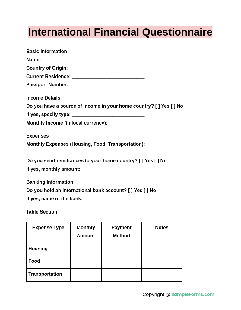 international financial questionnaire