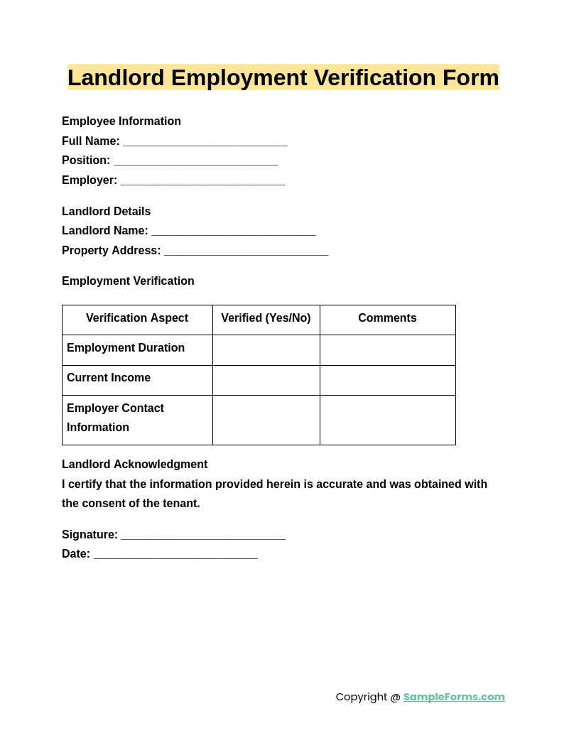 landlord employment verification form