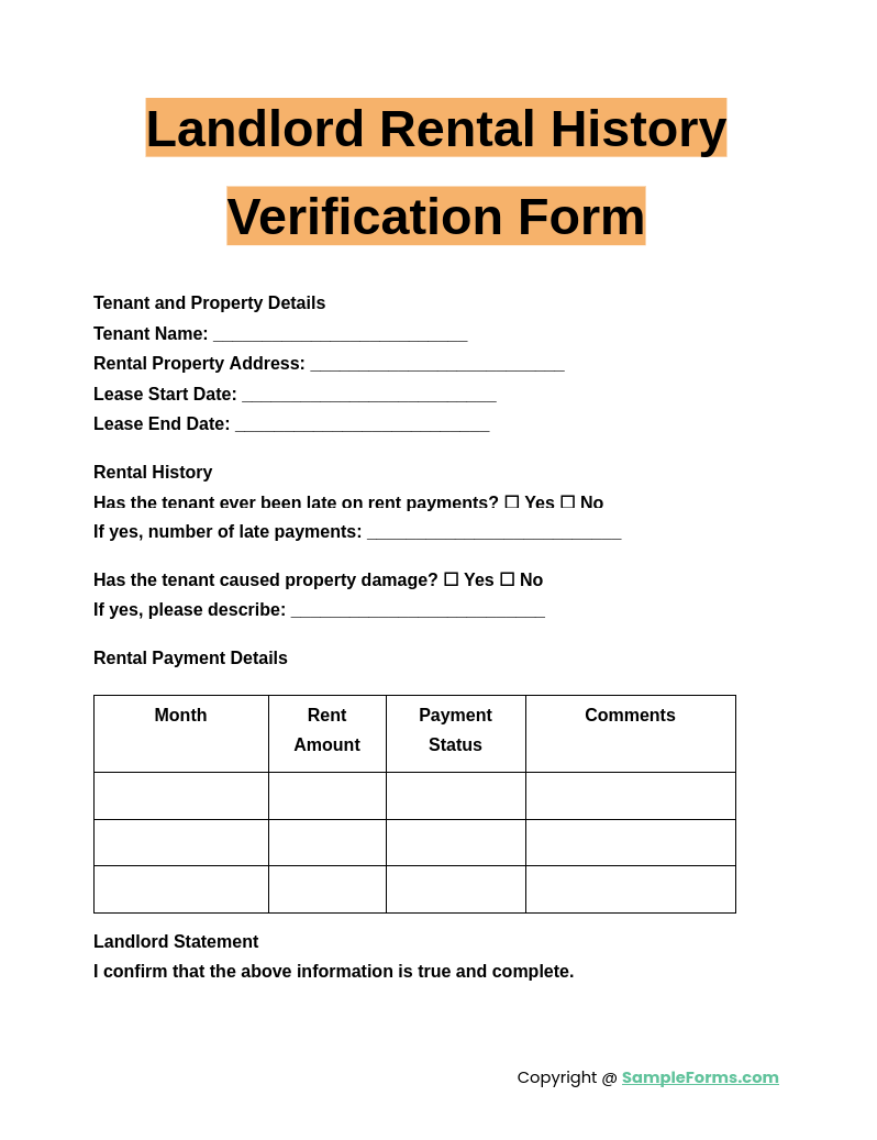 landlord rental history verification form