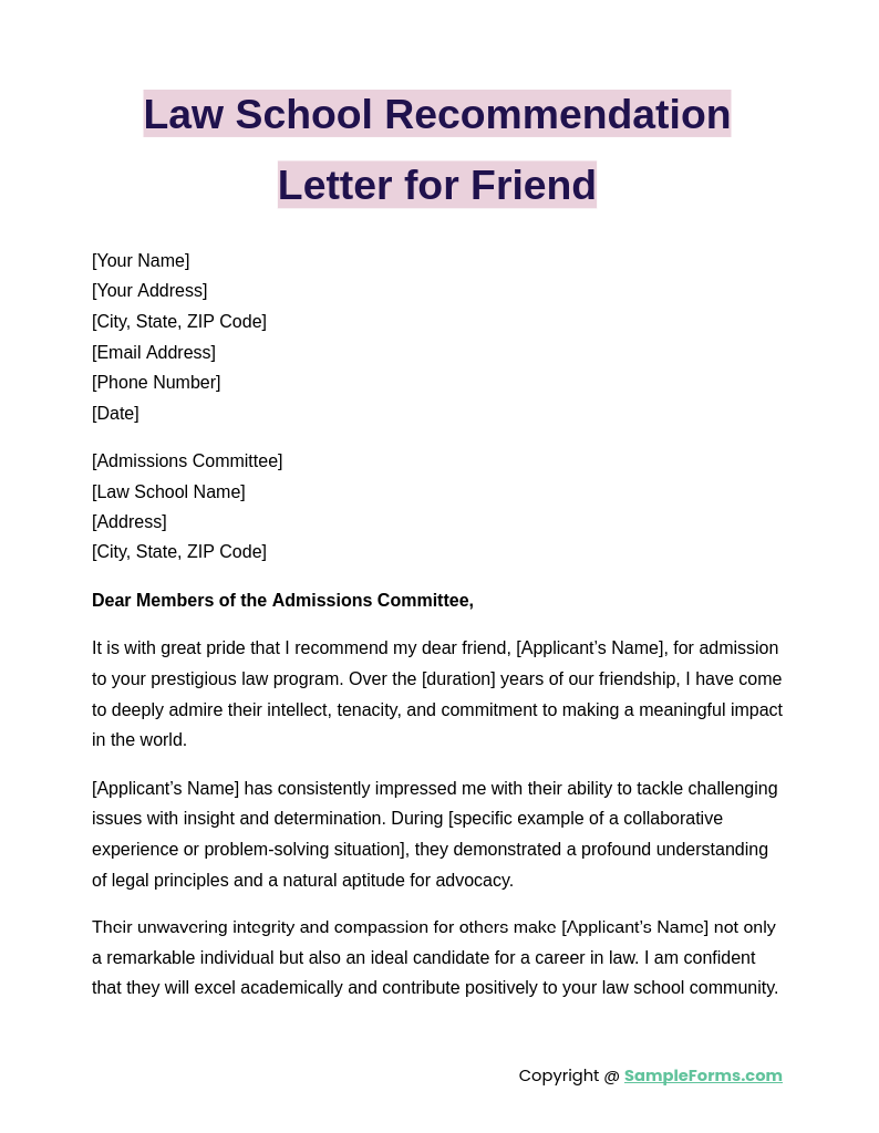 law school recommendation letter for friend