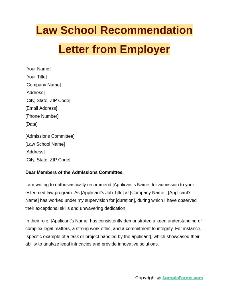 law school recommendation letter from employer