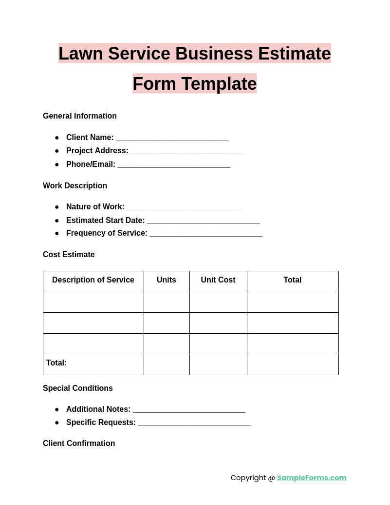 lawn service business estimate form template