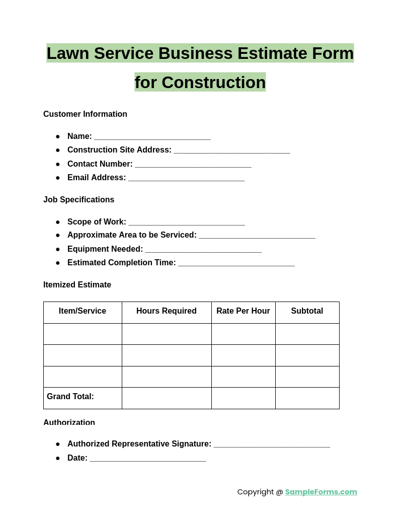 lawn service business estimate form for construction