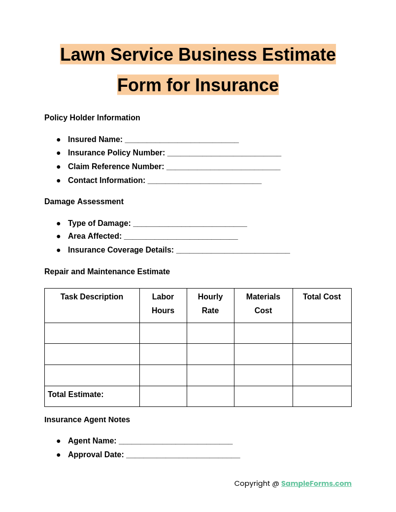 lawn service business estimate form for insurance