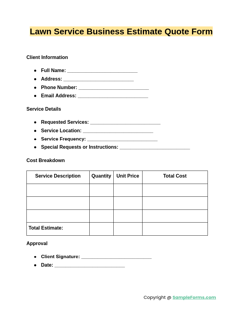 lawn service business estimate quote form