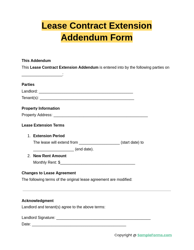 lease contract extension addendum form