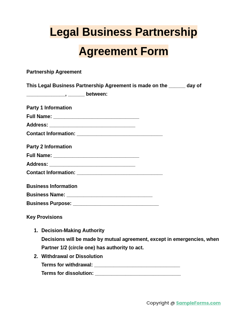 legal business partnership agreement form