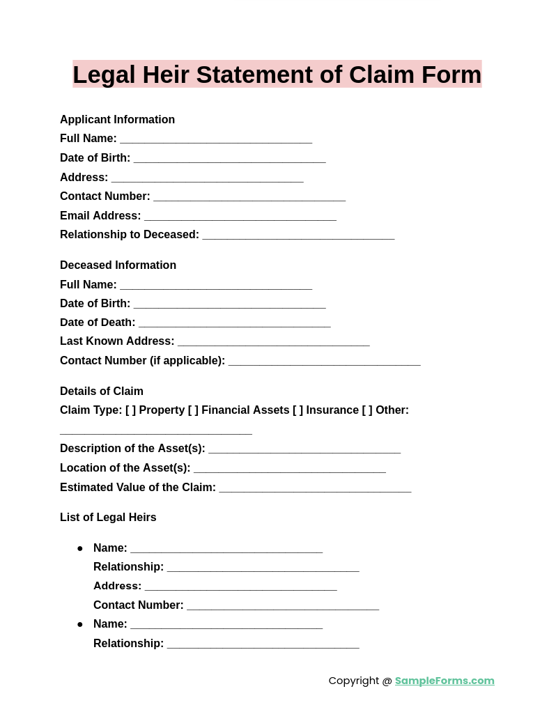 legal heir statement of claim form