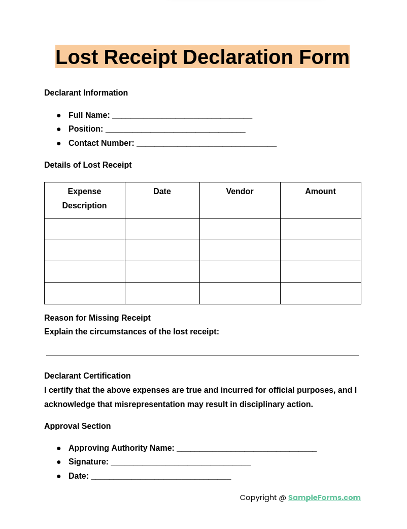 lost receipt declaration form