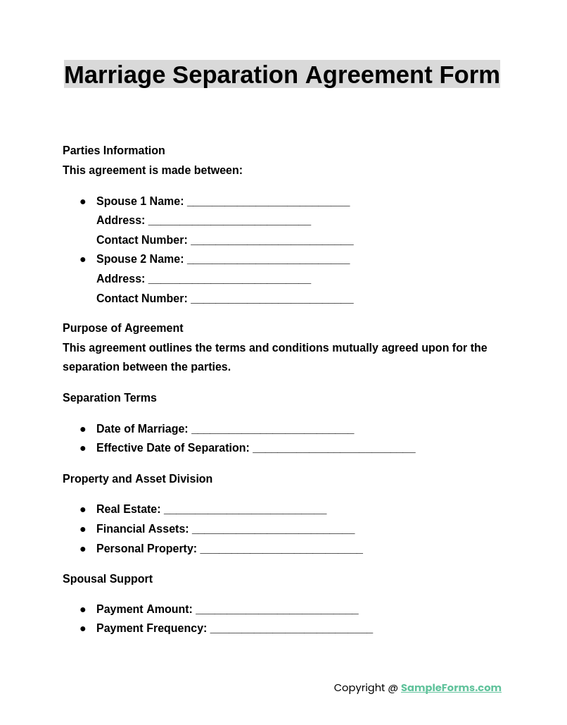 marriage separation agreement form