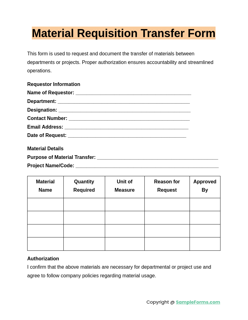 material requisition transfer form