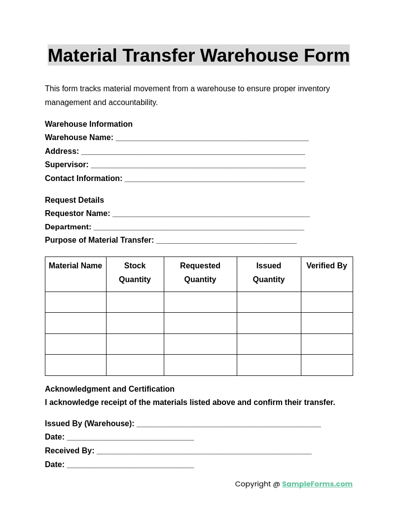 material transfer warehouse form