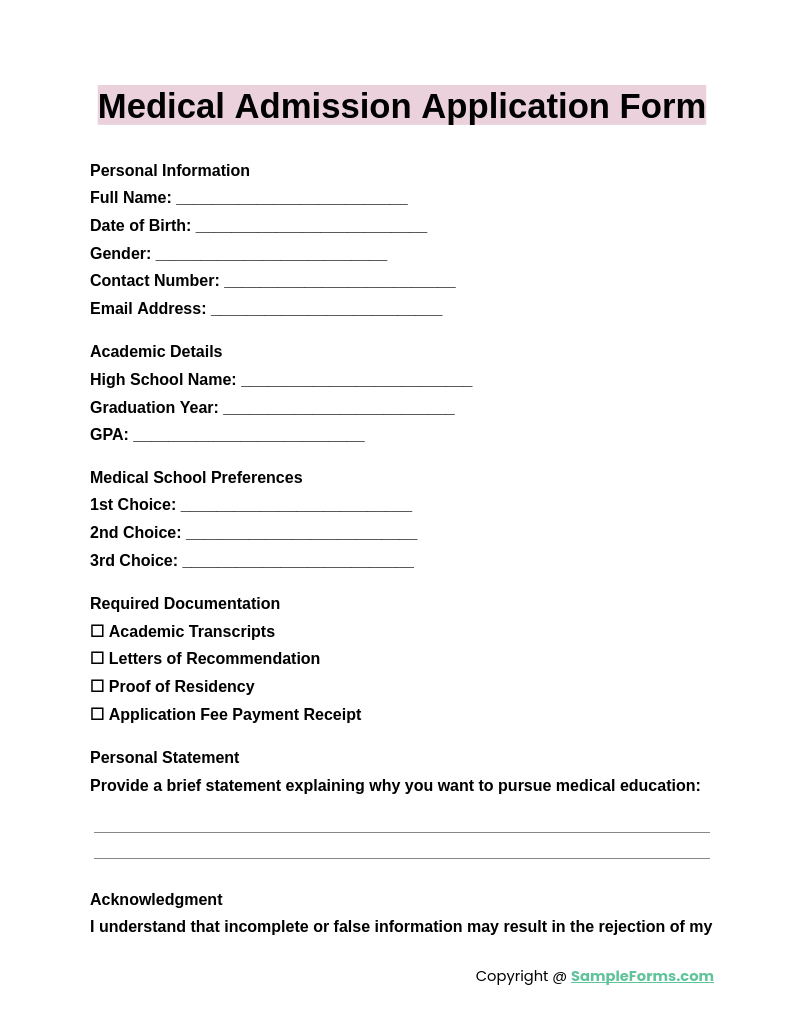 medical admission application form