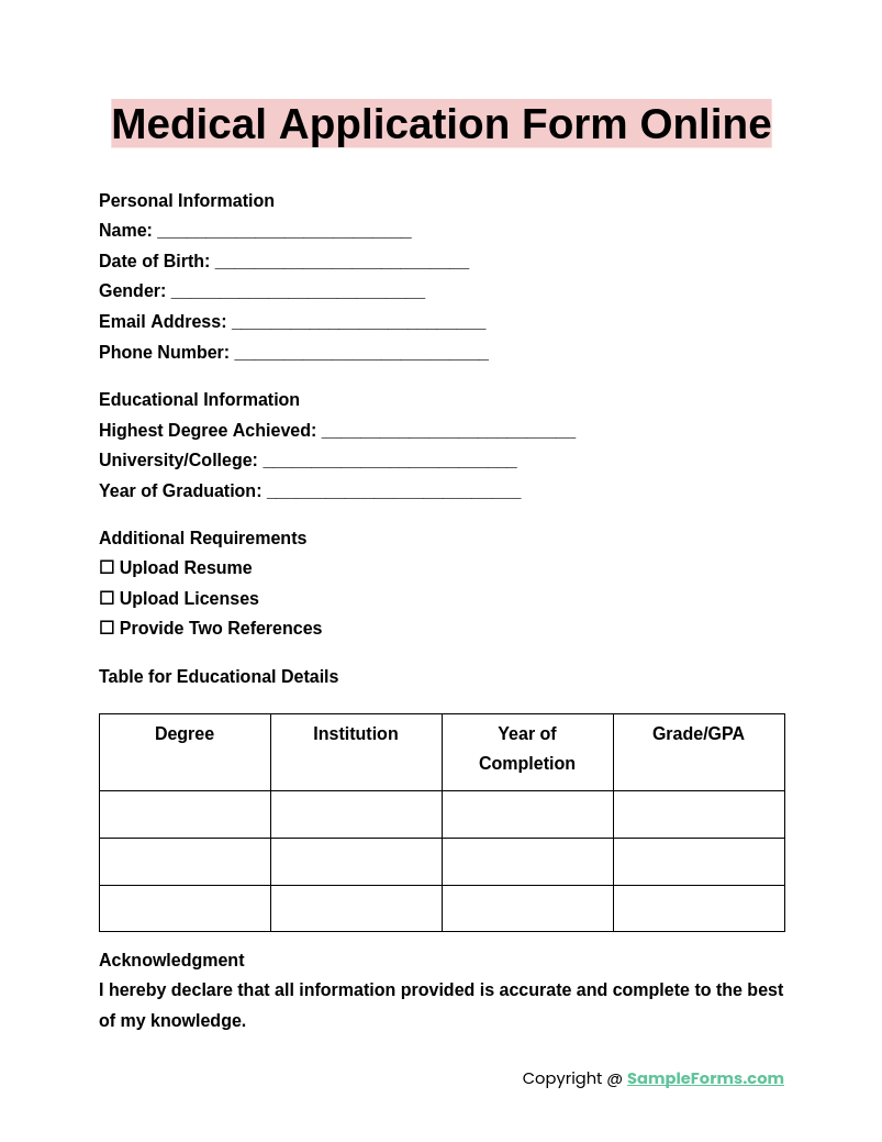 medical application form online