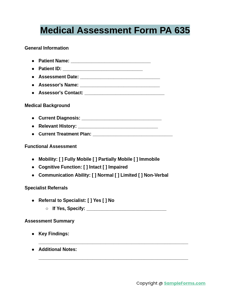 medical assessment form pa 635