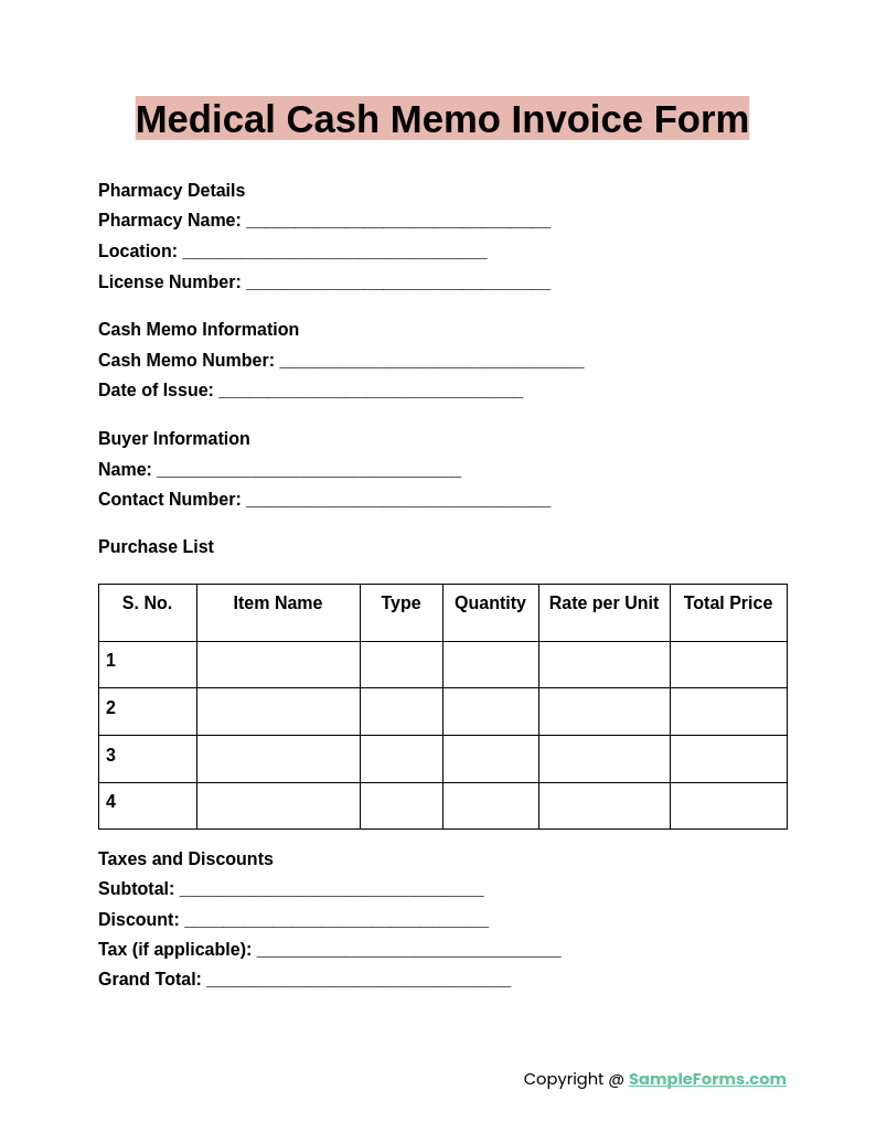 medical cash memo invoice form