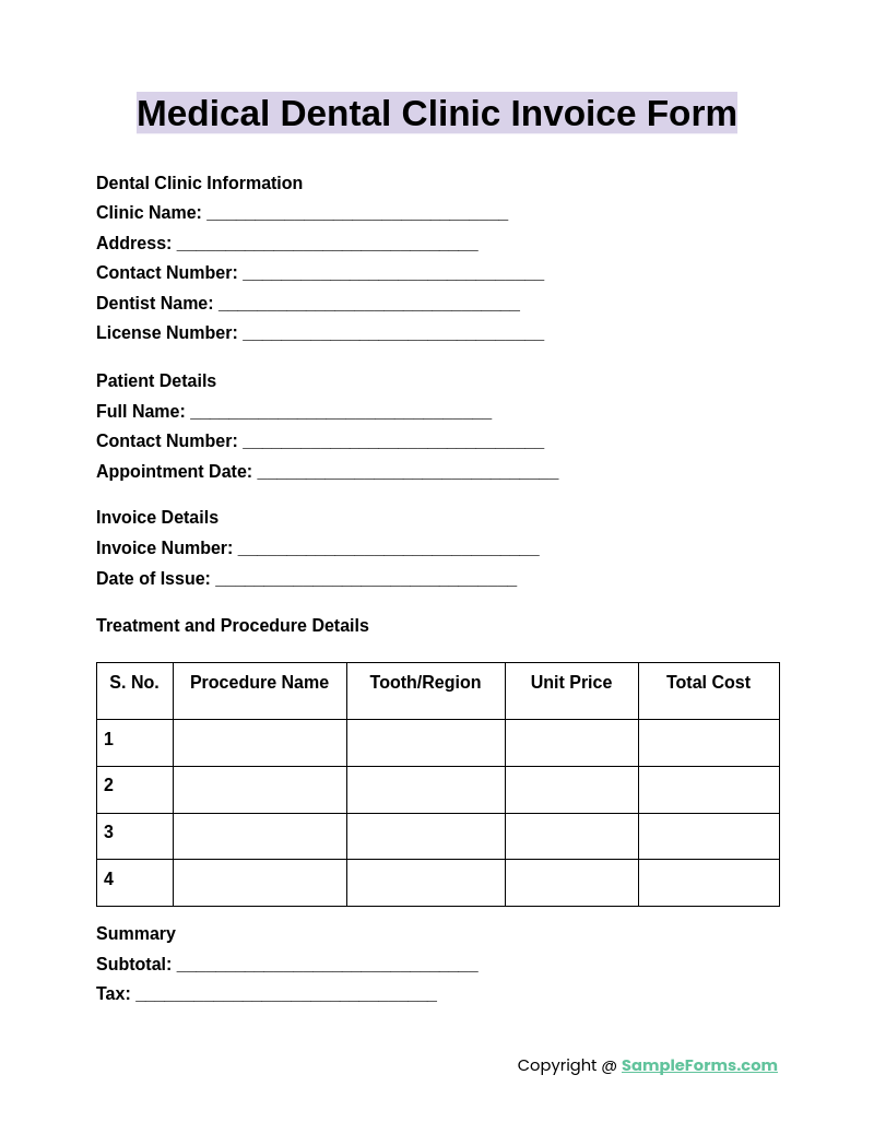 medical dental clinic invoice form