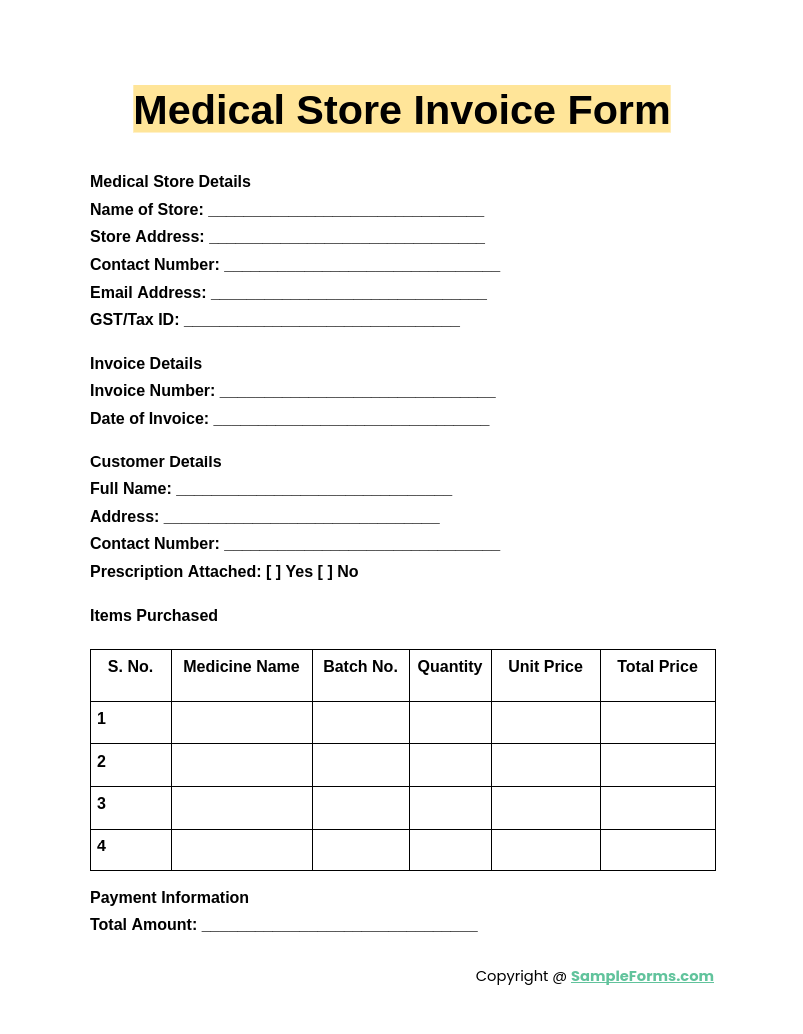 medical store invoice form