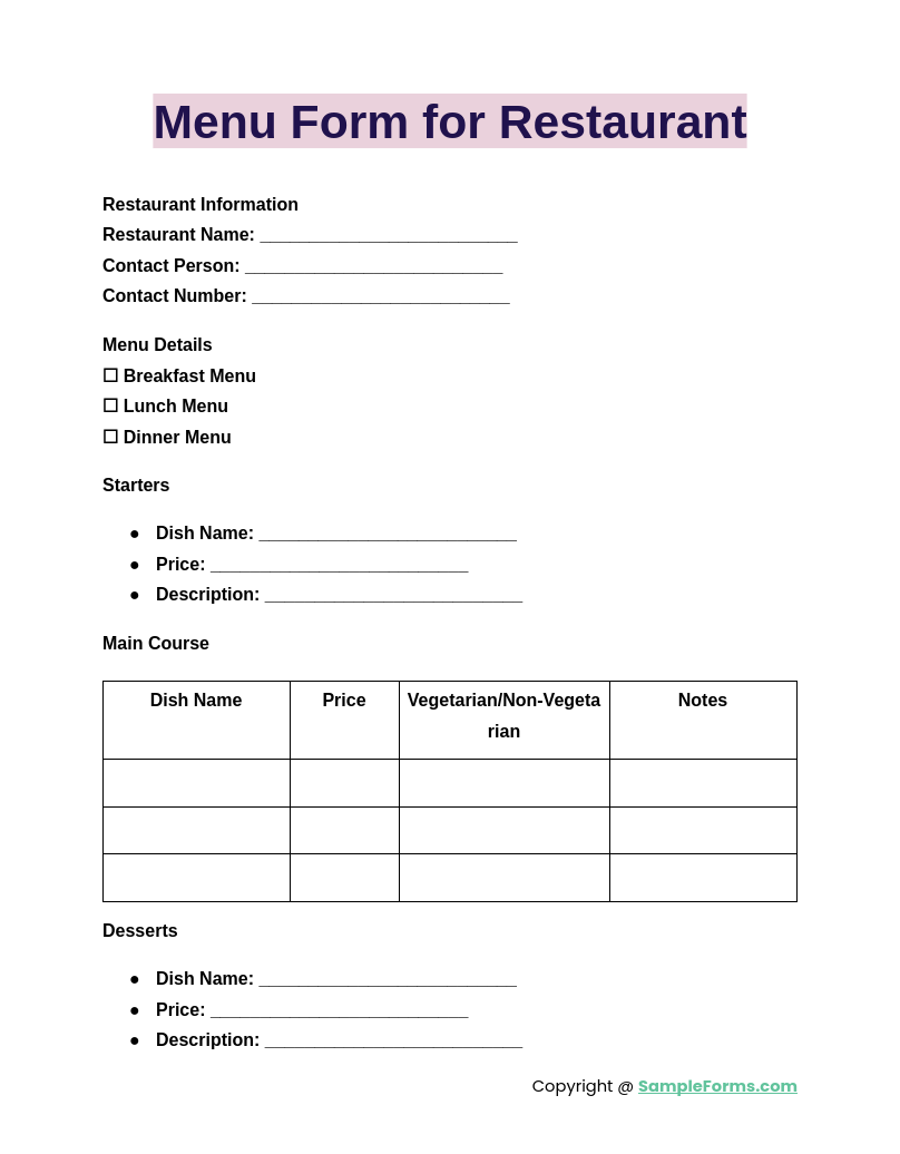 menu form for restaurant