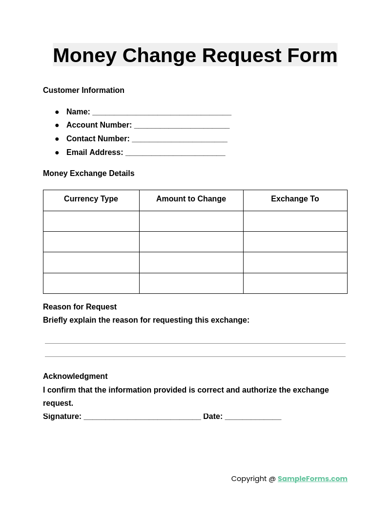 money change request form