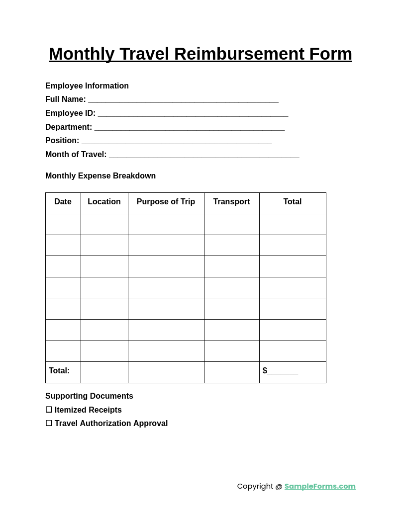 monthly travel reimbursement form