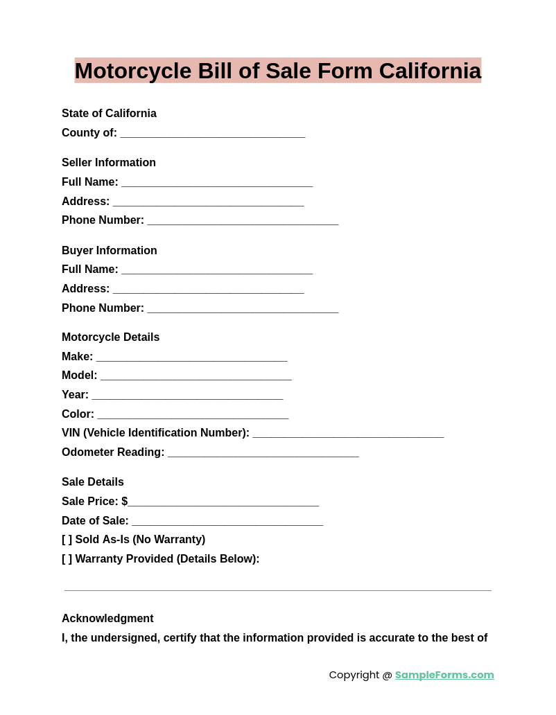 motorcycle bill of sale form california