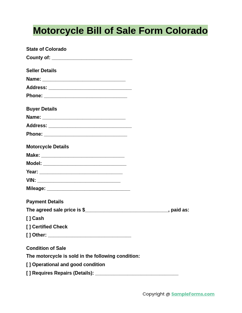 motorcycle bill of sale form colorado