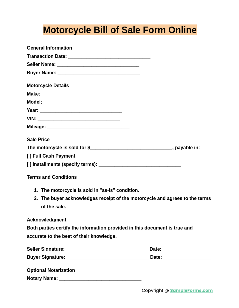 motorcycle bill of sale form online