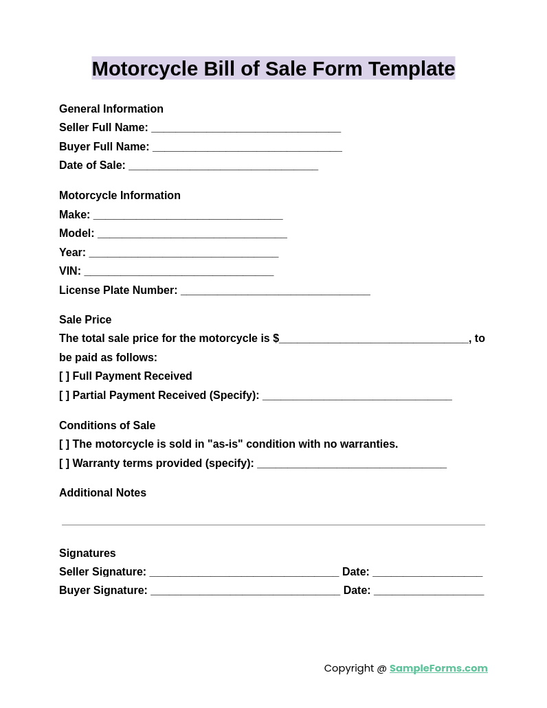 motorcycle bill of sale form template