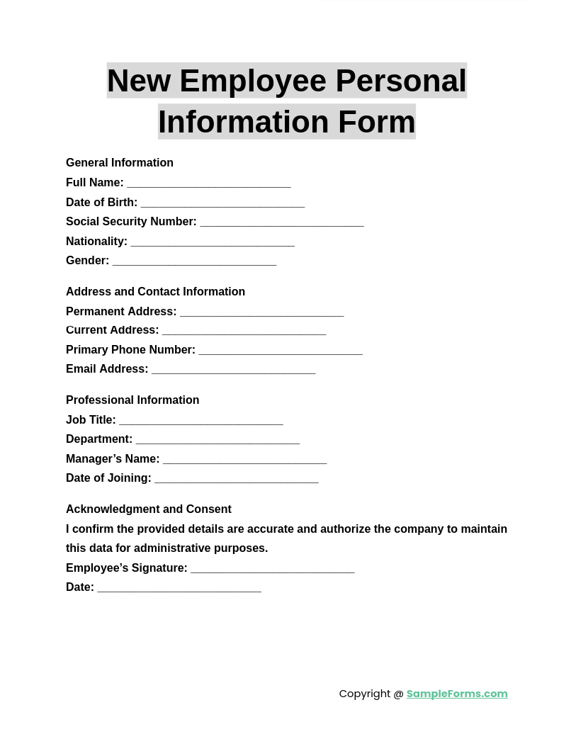 new employee personal information form