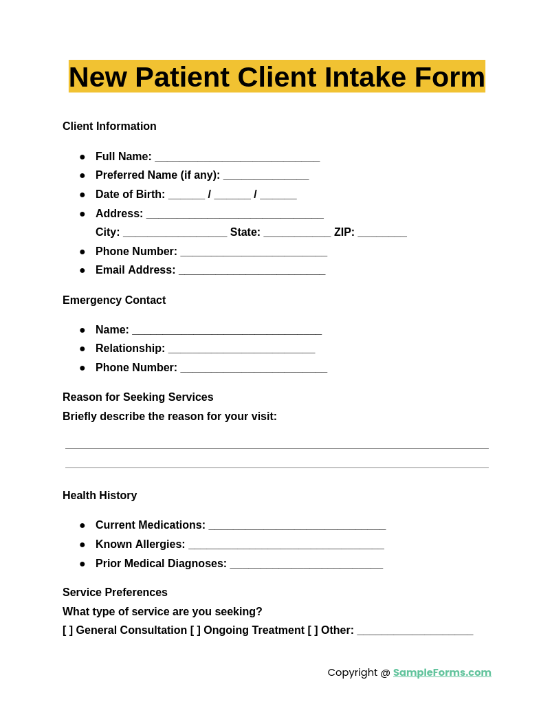 new patient client intake form