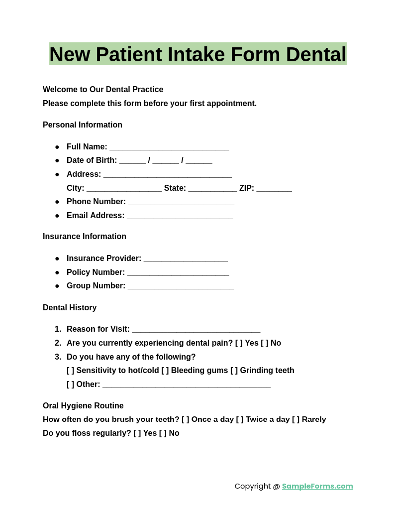 new patient intake form dental